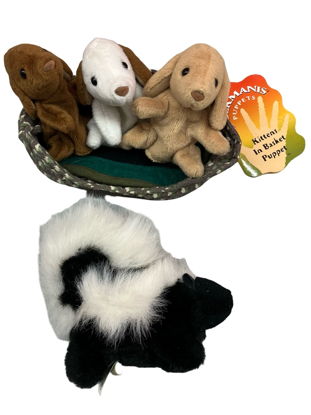 Folkmanis Finger Puppet Realistic Skunk & Puppies In Basket Toys Plush Lot Of 2